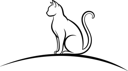 Minimalist black line art of sitting cat, vector contour illustration of feline pet for logo and tattoo design.