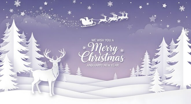Magical Merry Christmas greetings with Santa and reindeer flying in a snowy winter wonderland - Powered by Adobe