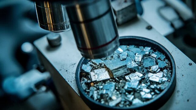 Closeup of antimony microstructure being examined under a microscope in a research lab showcasing crystal formations and metallurgical properties
