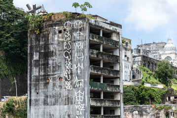 Aerial view of juxtaposed old and decaying buildings in the Comércio neighborhood of Salvador,...