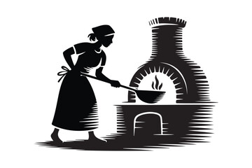 Woman cooking over a traditional wood fired oven illustration © Laboni