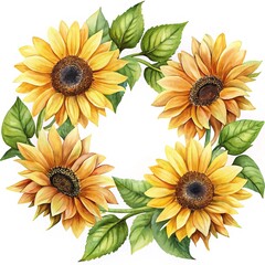 Elegant Watercolor Sunflower Wreath with Bright Yellow Petals and Green Leaves