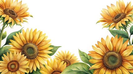 Watercolor sunflowers in shades of yellow and gold with green leaves