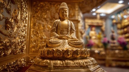 A golden Buddha statue sits peacefully on a detailed pedestal surrounded by ornate decorations and soft lighting in a tranquil temple. Flowers enhance the calm atmosphere.