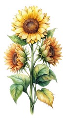 Watercolor Illustration of a Bouquet of Sunflowers with Detailed Leaves