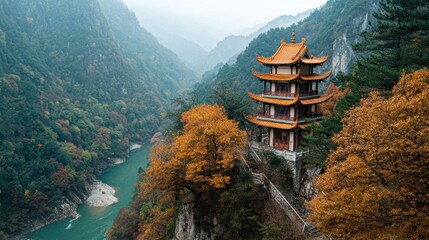 Obraz premium A traditional pagoda stands atop a cliff surrounded by vibrant autumn trees. Below a winding river flows through the stunning valley with mountains in the distance shrouded in mist.