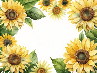 Elegant watercolor sunflower frame with vibrant yellow petals and lush green leaves