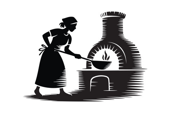 Woman cooking over a traditional wood fired oven illustration