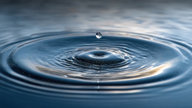 A single water droplet falls into a calm pond creating expanding ripples on the surface. The scene captures the serene moment at sunset with a forest in the background.