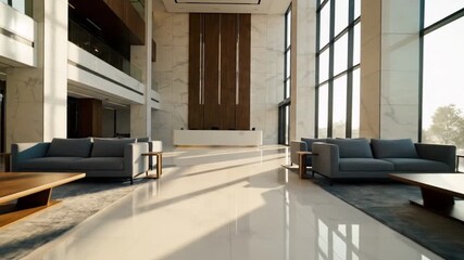 Modern lobby interior with large windows, elegant furniture, and sunlight streaming in, creating a welcoming atmosphere