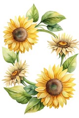 Watercolor Sunflower Floral Frame Illustration on a White Background for Decoration