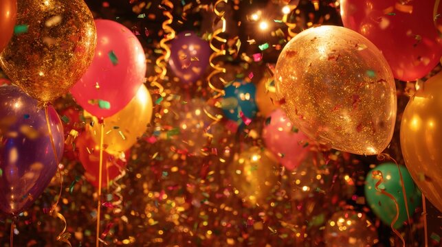 Balloons in various colors shimmer under warm light surrounded by confetti and streamers falling. The party atmosphere is lively and joyful perfect for special occasions.