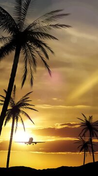 Passenger Airplane Landing With A Beautiful Tropical Sunset.