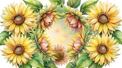 Watercolor Sunflowers Border Design with Green Leaves for Invitations or Cards