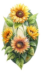 Watercolor painting of sunflowers arrangement with green leaves in oval frame