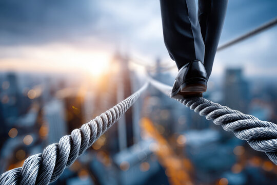 Businessman walking a tightrope over a cityscape