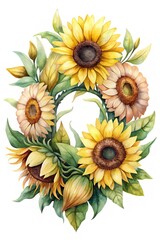 Watercolor painting of a wreath made of sunflowers and green leaves