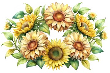 Watercolor Sunflowers Arranged in a Wreath on a White Background