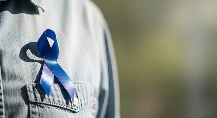 Blue awareness ribbon on denim shirt symbolizing support and advocacy concepts for health and charity campaign designs