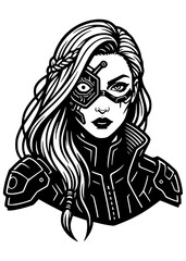 Futuristic cyberpunk character in costume with a   on white background.