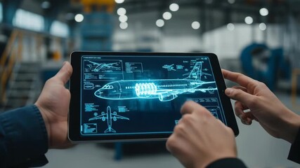 Engineers explore futuristic aircraft design on digital tablet. innovation and collaboration in aerospace technology. - Powered by Adobe