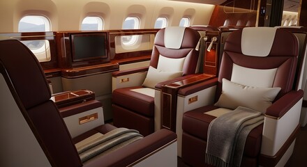 Luxurious first-class airplane cabin interior design for ultimate comfort and elegance in air travel experience