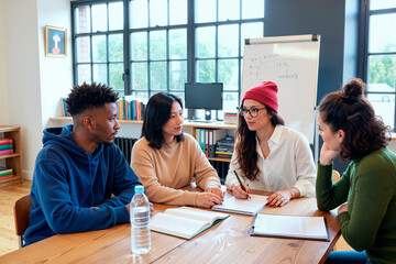 Group of young people including Black man and three women sitting around table discussing project in study setting with open books and notepad, flip chart in background