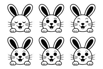rabbit cartoon faces six emotion icons vector illustration set