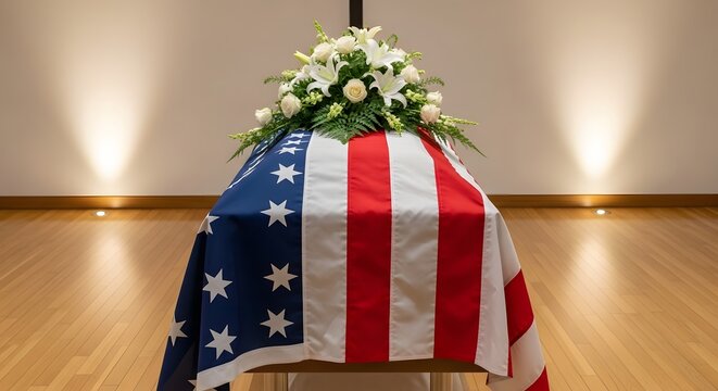 American veteran honoring ceremony with flag draped coffin and floral tribute in memorial hall