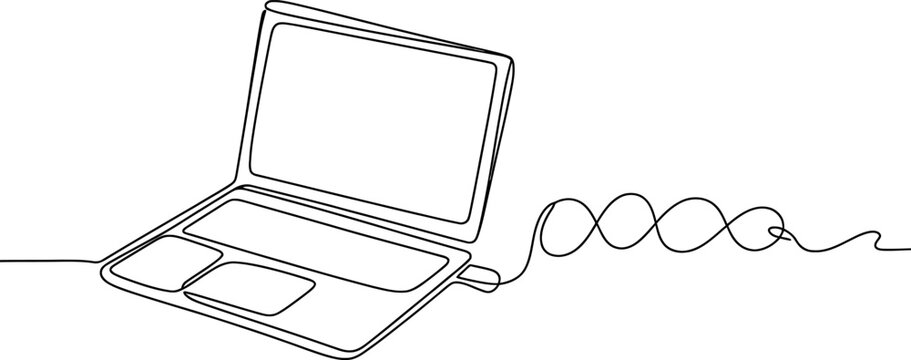 Continuous line art illustration of a modern laptop with a dna helix-shaped cable, symbolizing technology, science, and digital data. Vector, illustration