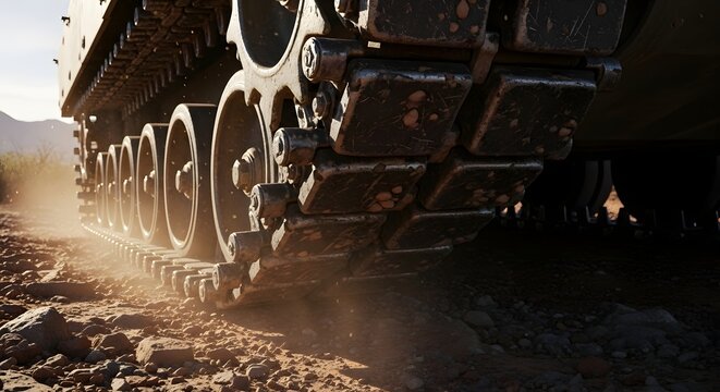 Rugged military tank treads on rocky terrain in desert environment for defense and exploration concepts