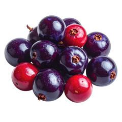 Fototapeta premium A vibrant still life arrangement of dark purple and bright red Jabuticaba berries isolated on black.