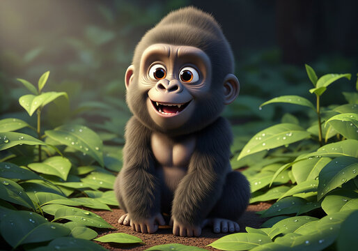 Cute 3D rendered baby gorilla happily sitting among green leaves in a dark jungle.