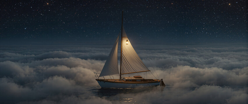 Fairy tail illustration, sailing ship in the sea at night