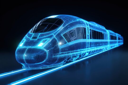 High-speed train rendered in holographic wireframe style, showcasing intricate details and futuristic design, emphasizing speed and innovation with copy space