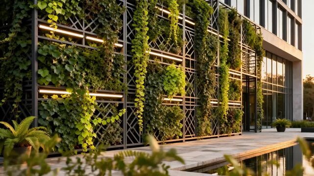 Medium shot of a modern building exterior with lush green vines climbing a stylish trellis creating a vibrant vegetated facade that blends architecture with nature.