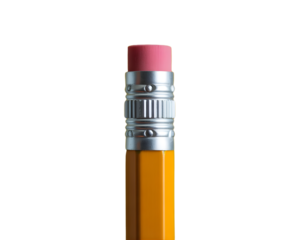 Close up of a yellow pencil eraser and ferrule isolated on transparent background