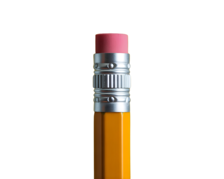 Close up of a yellow pencil eraser and ferrule isolated on transparent background