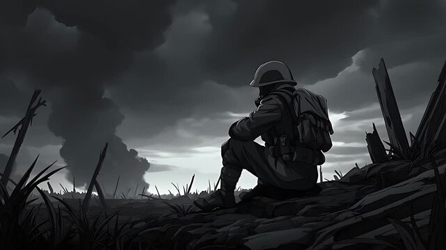 Lonely soldier sitting on a warzone burning - 2d Animation