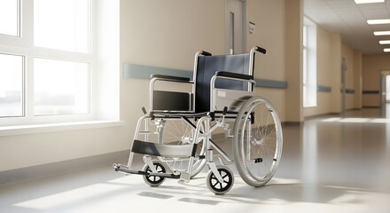 Modern wheelchair in sunlit hospital corridor highlighting accessibility and healthcare services