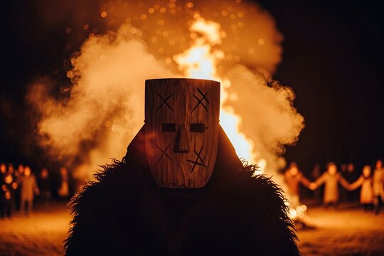 Mysterious figure in a primitive wooden mask and sheepskin cloak, surrounded by smoke and the glow of a Kupala festival fire. Okrutnik is a Slavic mummer who plays at traditional holidays