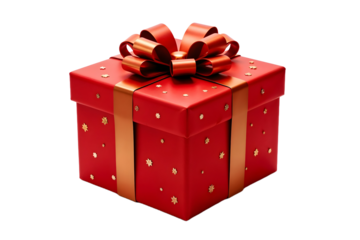 Bright red gift box with a shiny bow and decorative accents on display for Christmas