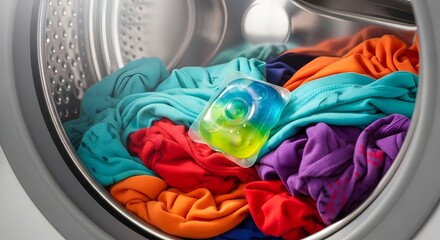 Laundry hassle-free solution: colorful clothes with laundry pod in washing machine for efficient cleaning