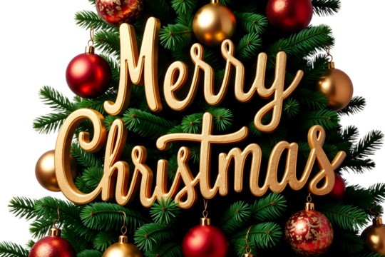 Merry Christmas decoration on a festive tree with colorful ornaments and golden lettering