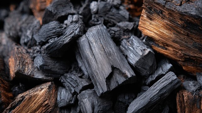 Charcoal blocks are piled together displaying their dark texture and natural grain. The soft lighting emphasizes the contrast between the shiny and matte surfaces of the pieces.