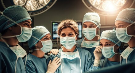 Professional surgical team wearing blue scrubs and masks looks on with support at a confident female lead surgeon in a modern operating room