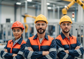 Team of engineers in industrial factory setting showcasing collaborative professional workforce with safety gear for innovation and production