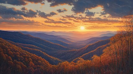 Obraz premium Sunset over rolling mountains with autumn colors in the Smoky Mountains at dusk