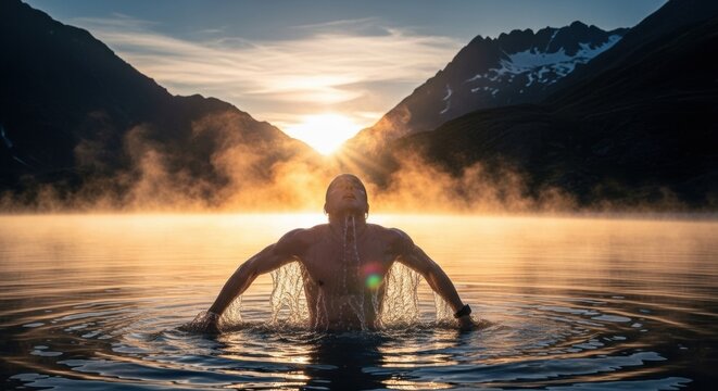Muscular athletic man emerges from cold water, splashing with his arms in a misty mountain lake during a beautiful golden sunrise creating a powerful and serene scene