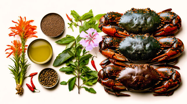 Three raw mud crabs with fresh herbs, spices, and oil on a white background, top view with copy space.